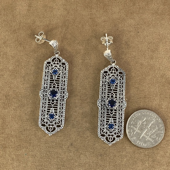 Hand Made Natural Blue Sapphire 925 Silver Filigree Retro Art Nouveau Earrings - Picture 3 of 6